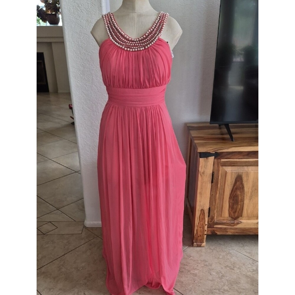 Fiesta Maxi Dress With Beaded & Rhinestone Collar Pleated, Drape Maxi Dress Sz S